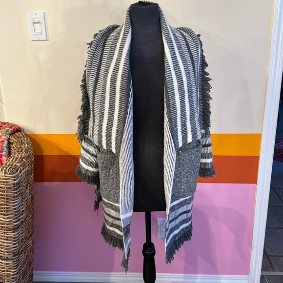 Saturday Sunday Anthropologie Gray Stripe Fringe Cardigan Sweater - Picture 2 of 7